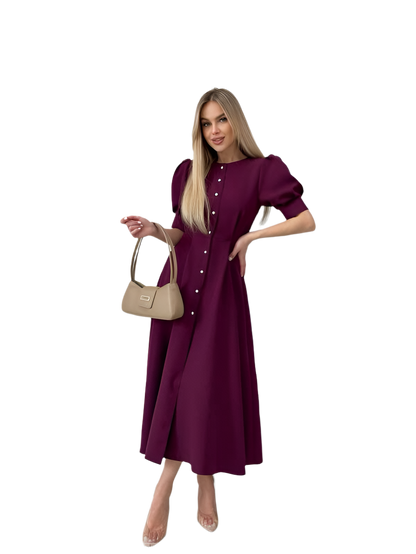 Elegant Purple Midi Dress with Button Front and Puff Sleeves