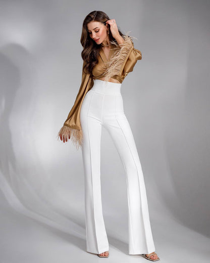 Womens Silk Blouse Top with Feather Trim in Gold
