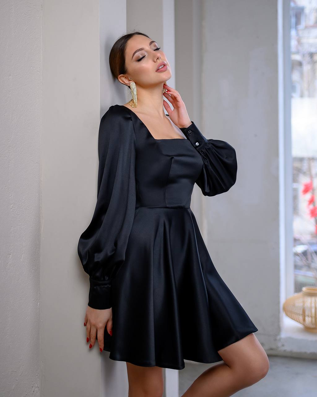 Elegant Black Satin Mini Dress for Women with Long Puff Sleeves