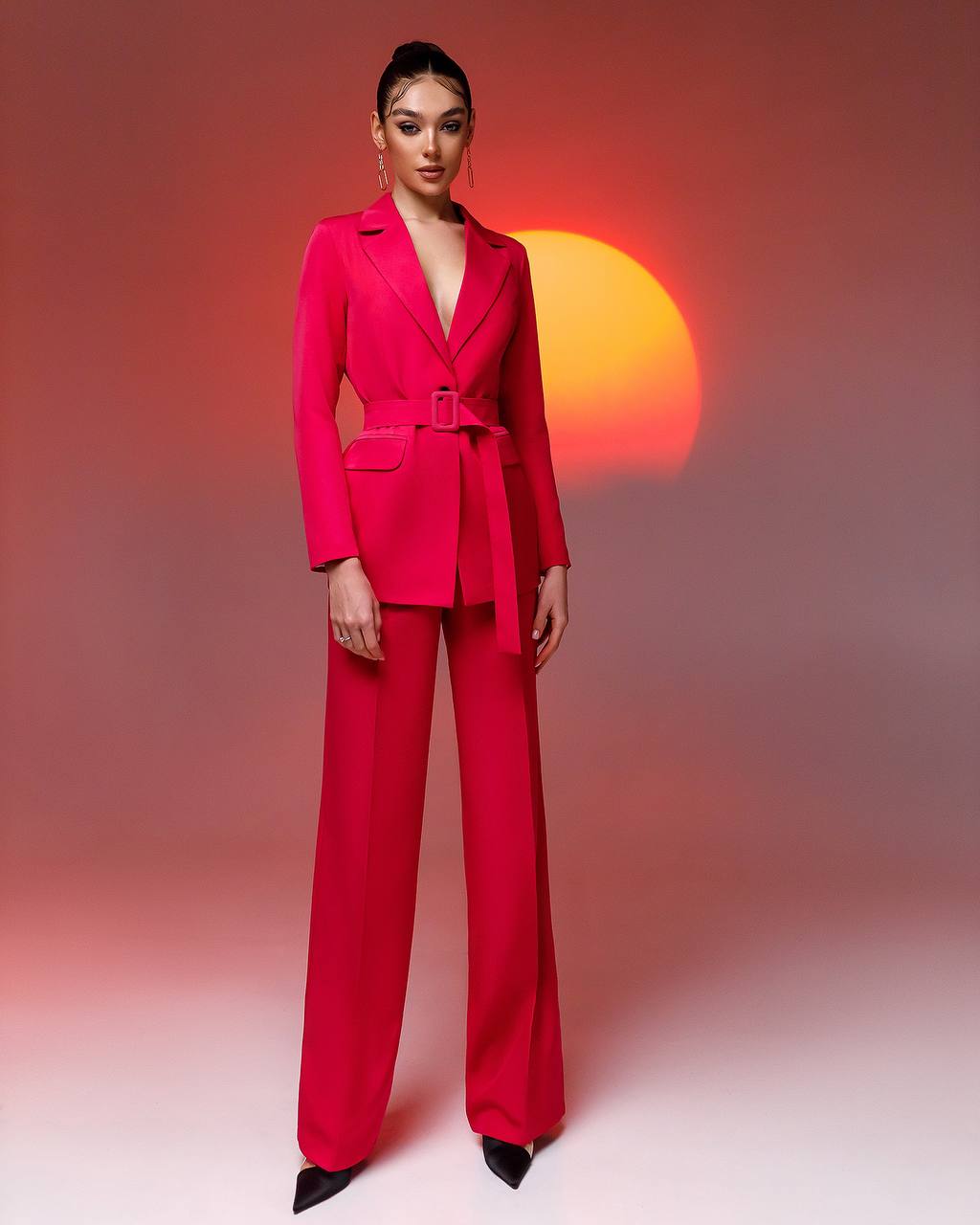 Womens Tailored Blazer and Wide Leg Trouser Suit in Diagonal Suiting Crepe