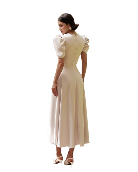 Woman wearing a beige dress with ruffled sleeves on a white background