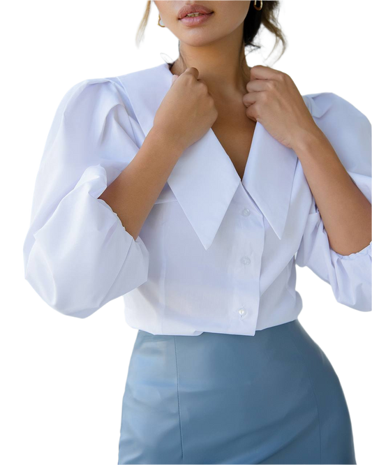 White Cotton Womens Blouse with Puff Sleeves and Wide Collar