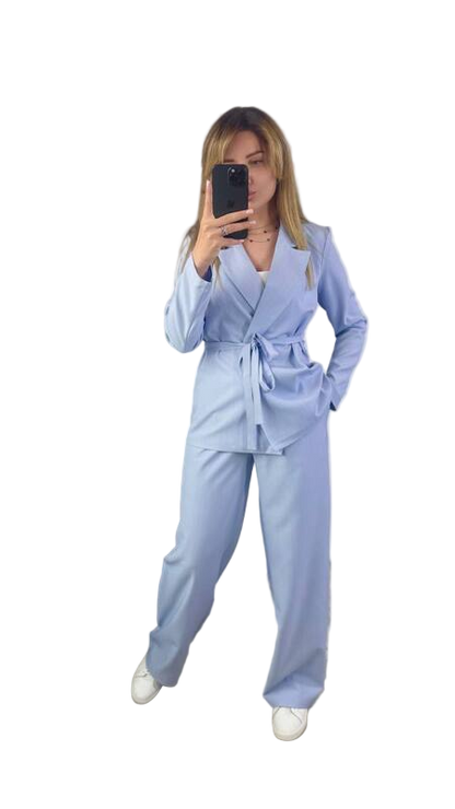 Light Blue Women's Cotton Blend Wrap Jacket Suit with Wide Leg Pants