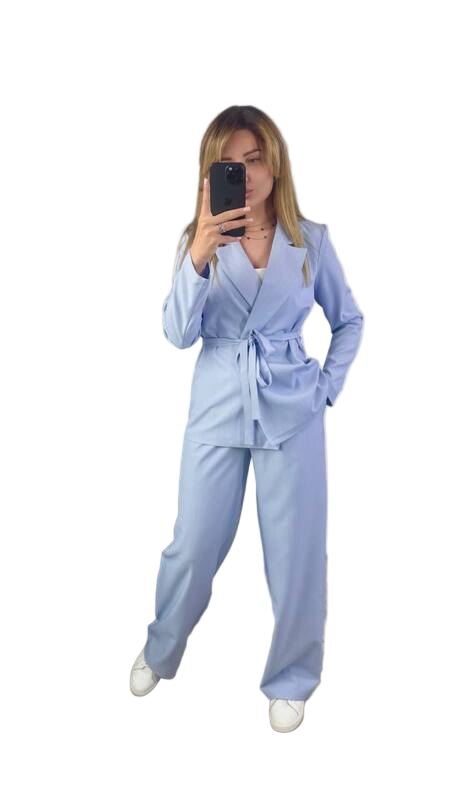 Light Blue Women's Cotton Blend Wrap Jacket Suit with Wide Leg Pants