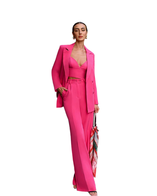 Prom Bridal Wedding Cocktail Graduation Pink Three-Piece Women Suit Jacket Top Trousers Pantsuit Palazzo Pants