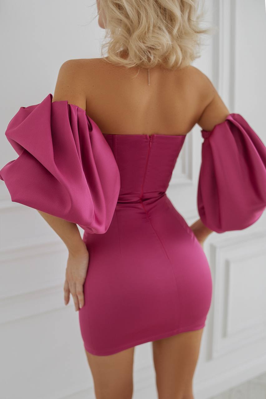 Crystal Mango Satin Dress Fuchsia Off Shoulder Puff Sleeve Sweetheart Mini Dress