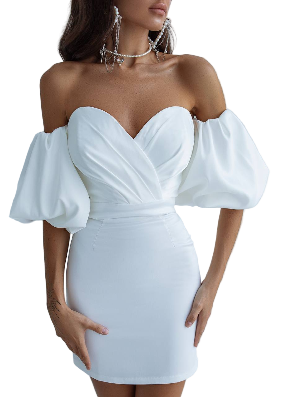 Crystal Off Shoulder Mini Dress Mango Satin Milk