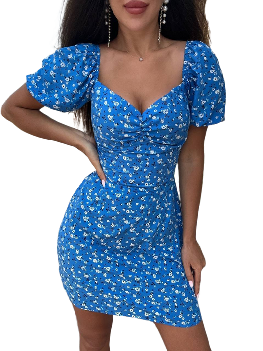 Mia Blue Floral Summer Dress with Puff Sleeves