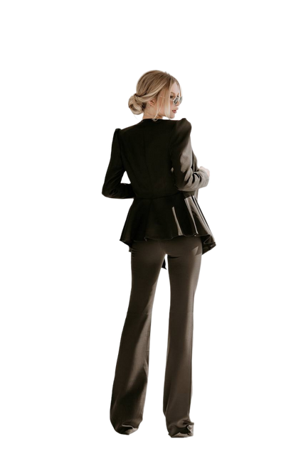 Black Women Wedding Suit Bridal Elegant Cocktail Graduation Pantsuit Peplum Jacket High Waist Palazzo Pants