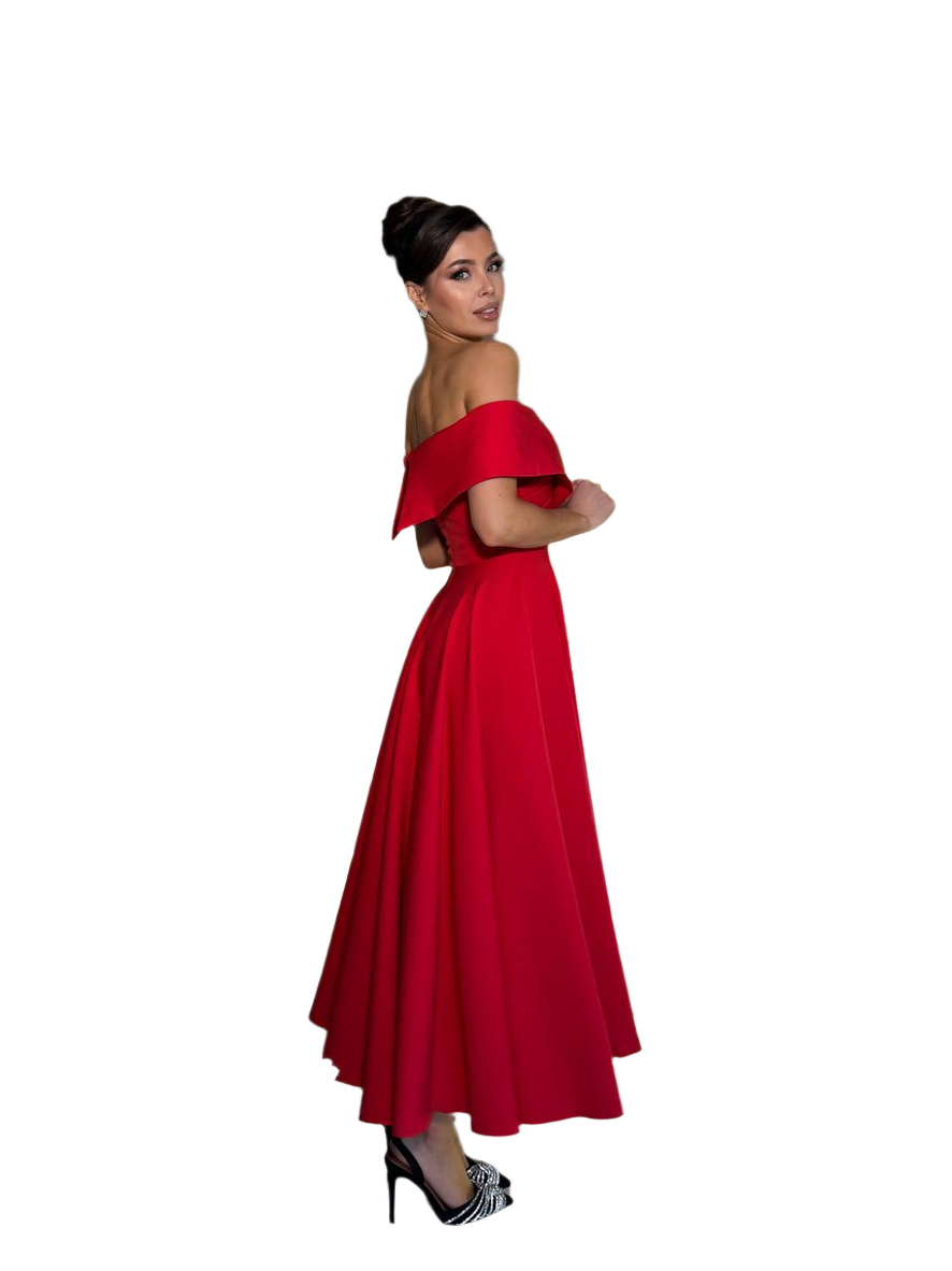 Woman wearing a red off-shoulder gown on a white background