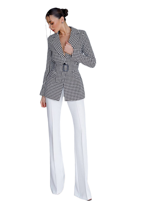 Stylish Houndstooth Blazer Jacket with Belt for Modern Chic Looks