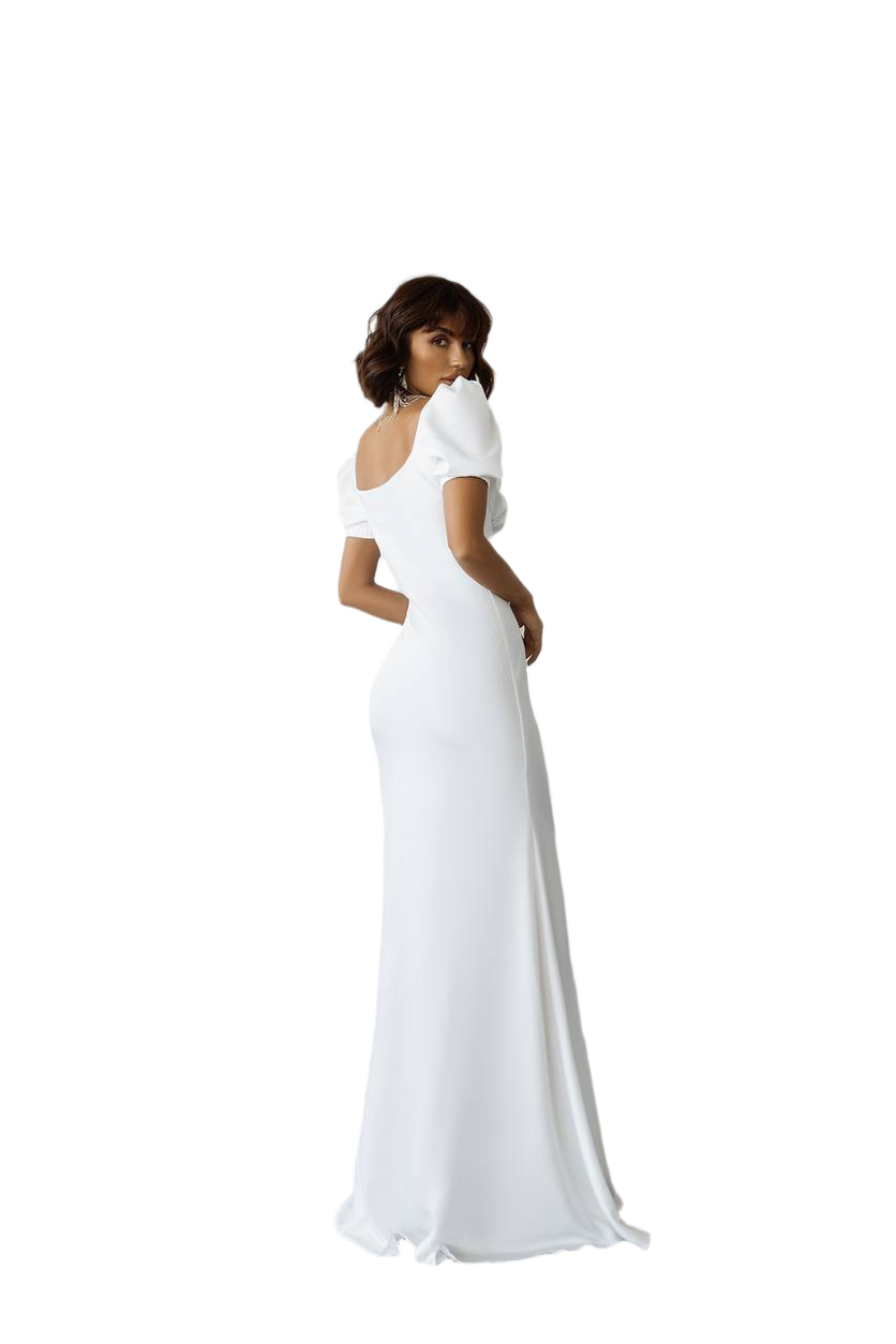 Woman wearing a white off-shoulder gown on a white background