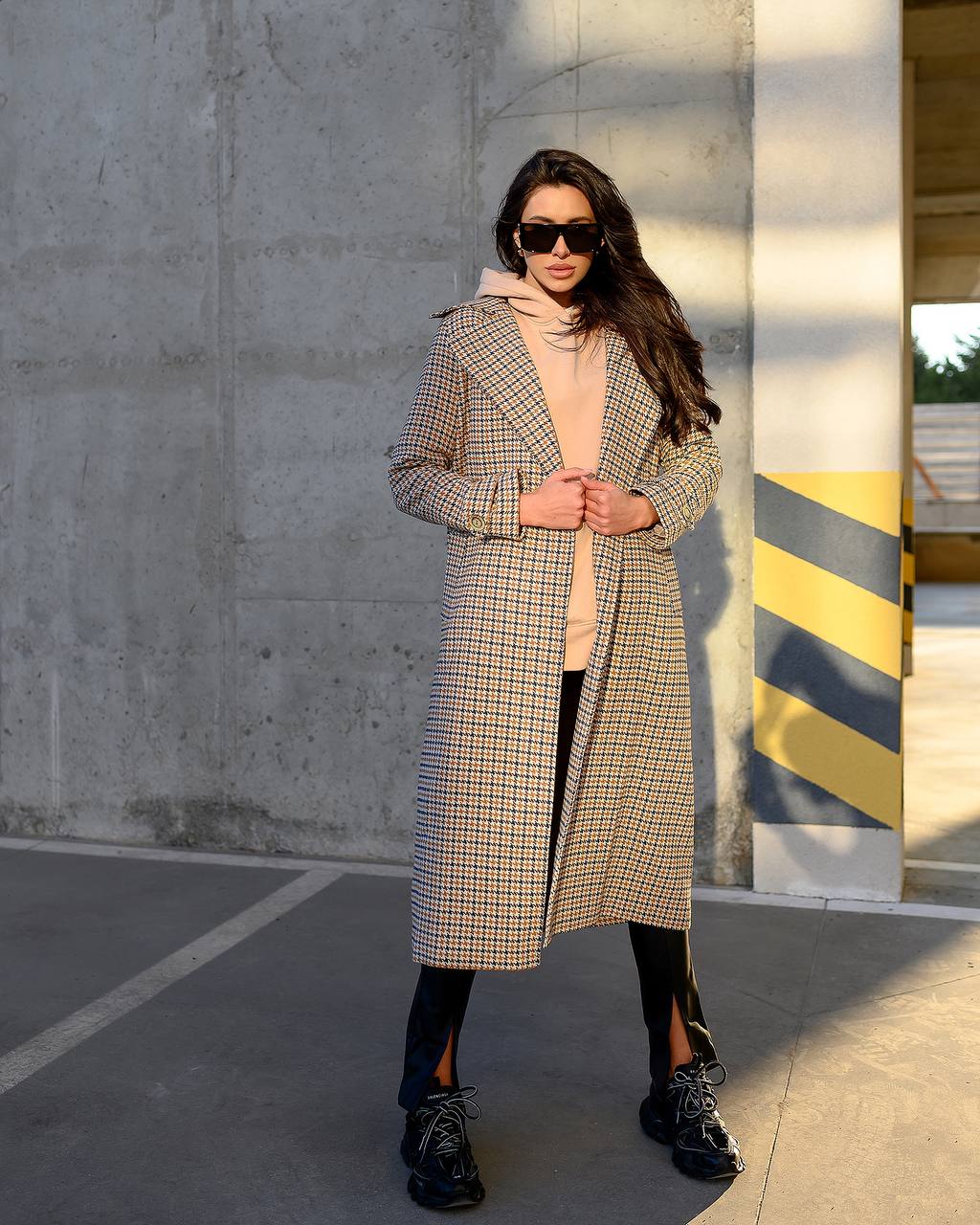 Womens Turkish Fabric Houndstooth Pattern Long Coat with Belt