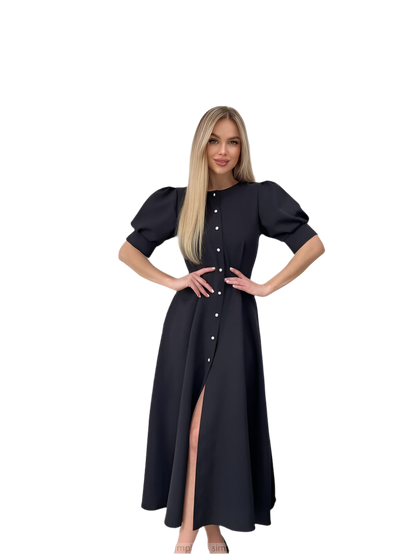 Elegant Black Midi Dress with Puff Sleeves and Button Front