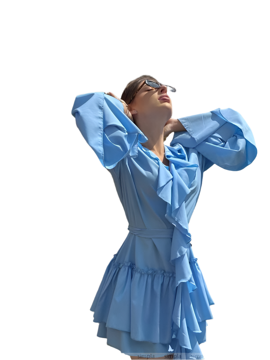 Woman wearing a light blue dress with ruffled sleeves and skirt on a white background