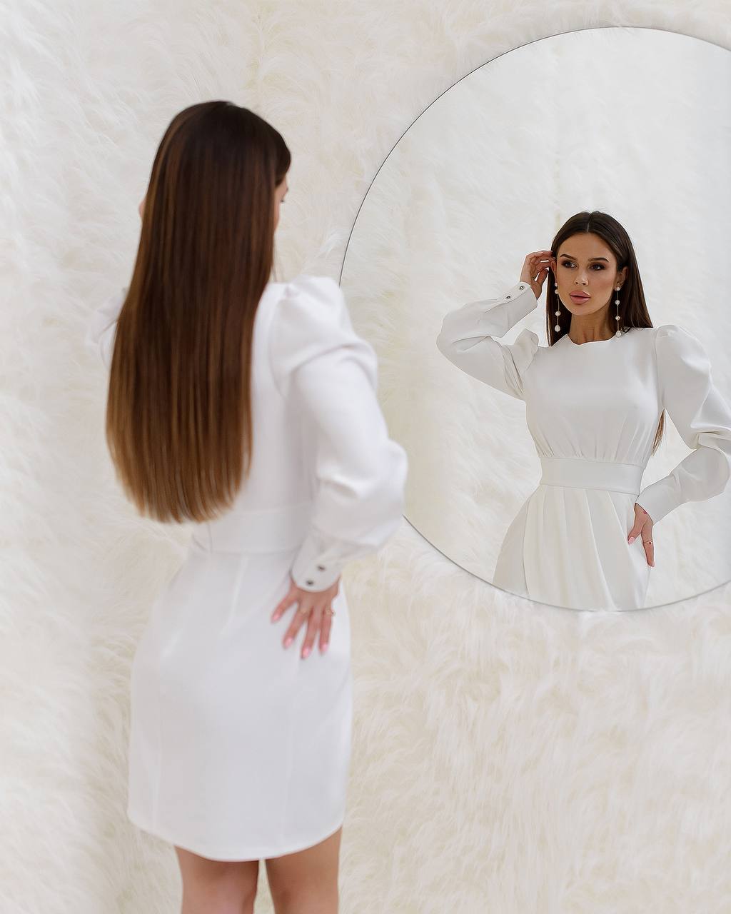 Elegant White Bianca Suiting Fabric Dress with Puff Long Sleeves