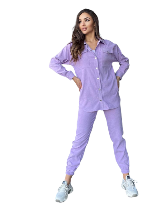 Womens Micro Velvet Velvet Suit Lilac Color High Waist Pants And Snap Button Shirt