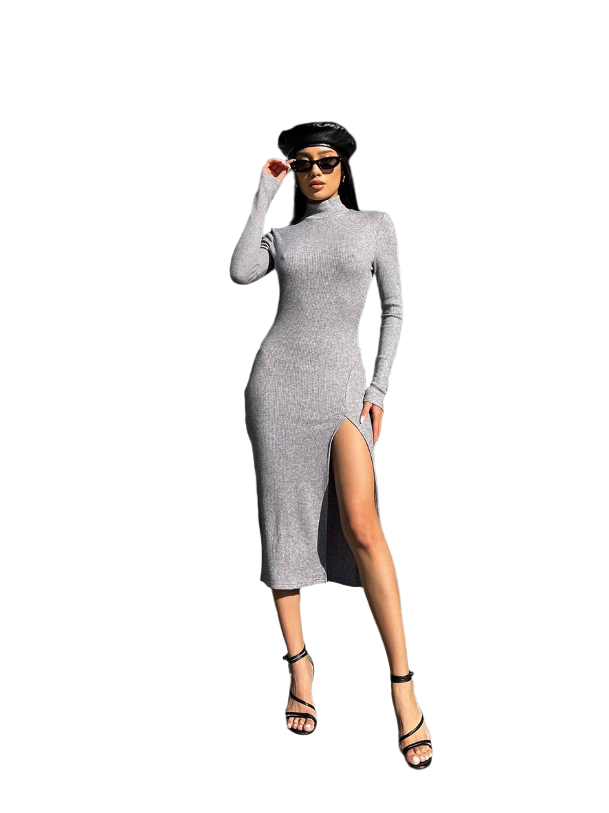 Adriana Grey Knitwear Midi Dress with High Slit and Long Sleeves