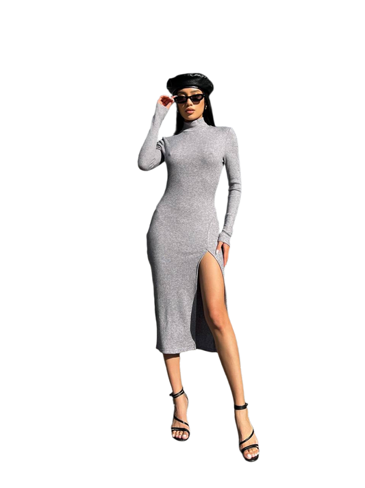 Adriana Grey Knitwear Midi Dress with High Slit and Long Sleeves