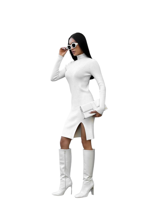 Knitted Seamless White Stretch Dress for Women with Side Slit