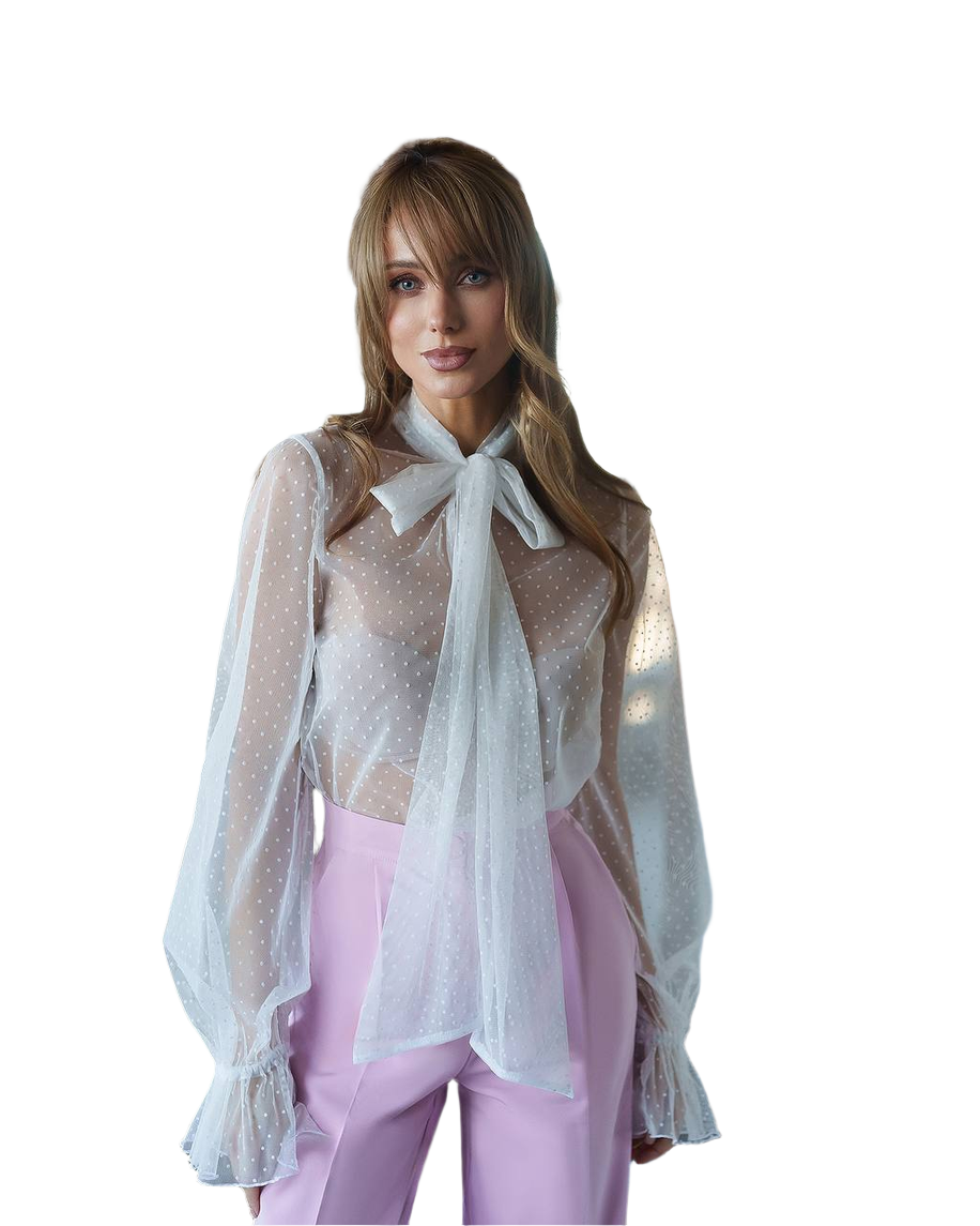 Womens Sheer Polka Dot Organza Lux Blouse with Bow Tie