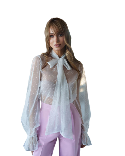 Womens Sheer Polka Dot Organza Lux Blouse with Bow Tie