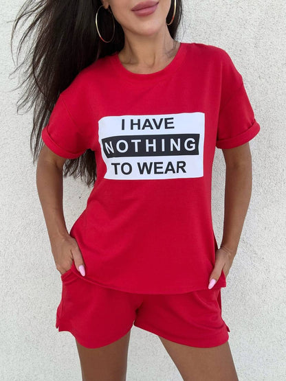 Person wearing a red outfit with 'I HAVE NOTHING TO WEAR' text on a plain background