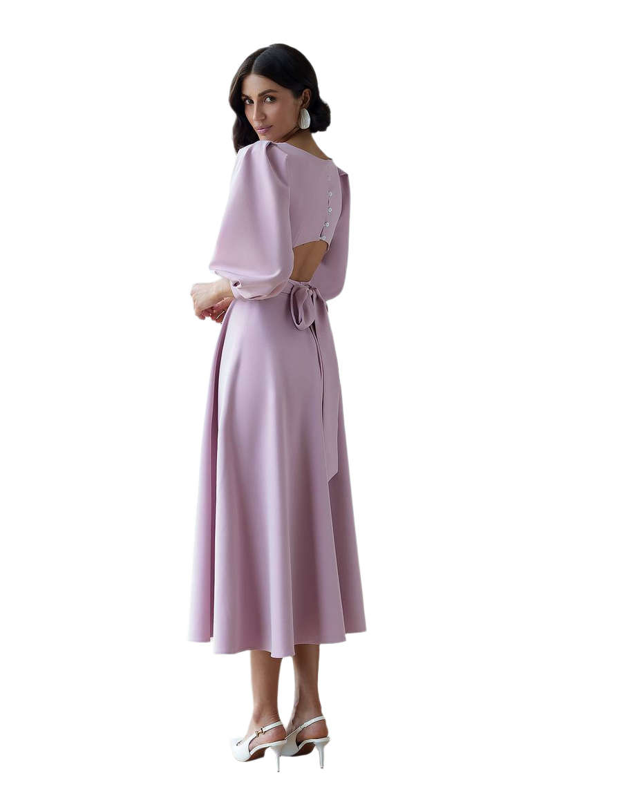 Elegant Midi Dress in Premium Diagonal Suiting Crepe with Puff Sleeves and Back Cutout