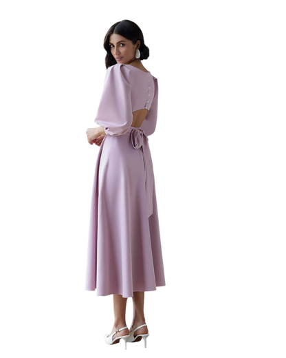 Elegant Midi Dress in Premium Diagonal Suiting Crepe with Puff Sleeves and Back Cutout