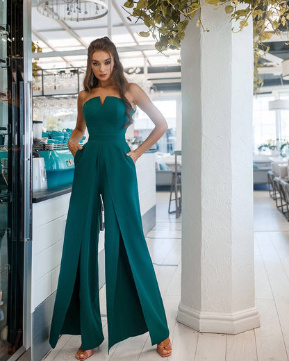 Green Women Jumpsuit Bridal Wedding Bridesmaid Prom Graduation Rehearsal Dinner Corset Top Wide Pants Cullotes Palazzo Emerald