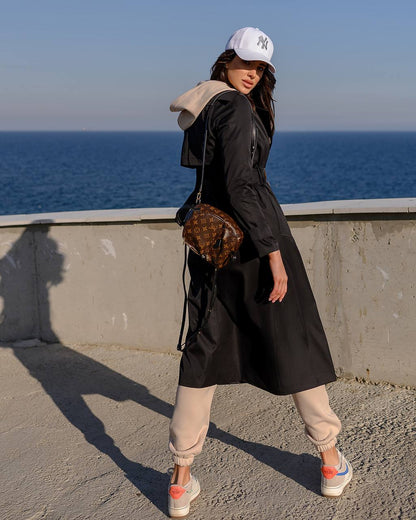 Stylish Black Trench Coat for Women with Belt and Pockets