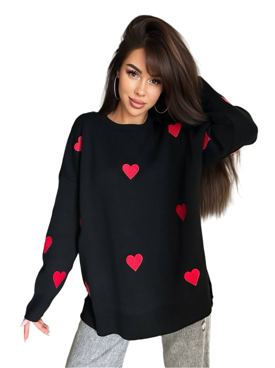 Womens Black Knit Sweater with Red Heart Embroidery