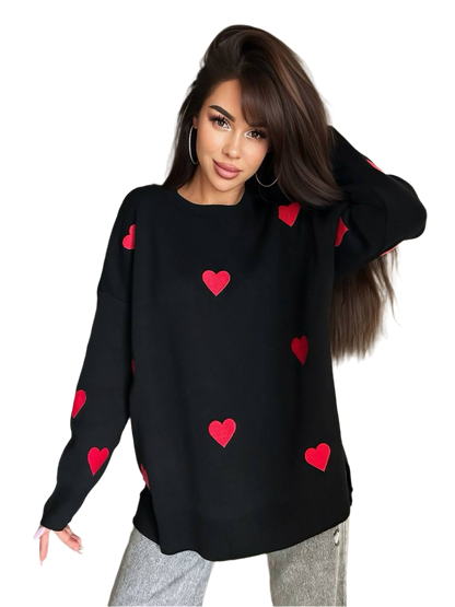 Womens Black Knit Sweater with Red Heart Embroidery