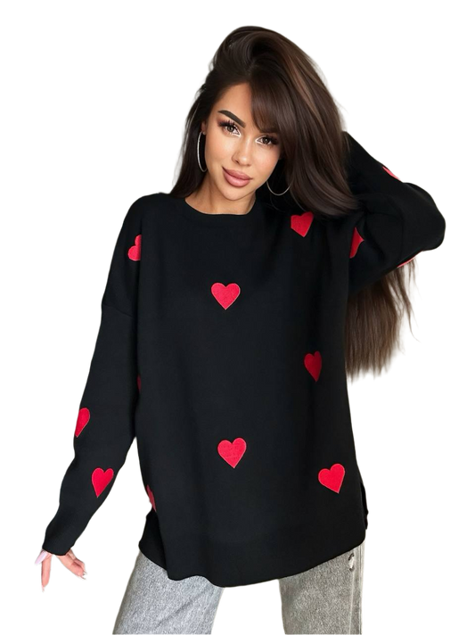 Womens Black Knit Sweater with Red Heart Embroidery