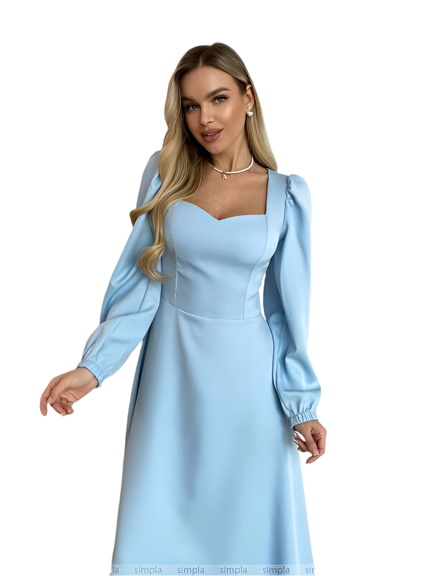Woman wearing a light blue dress with long sleeves on a white background