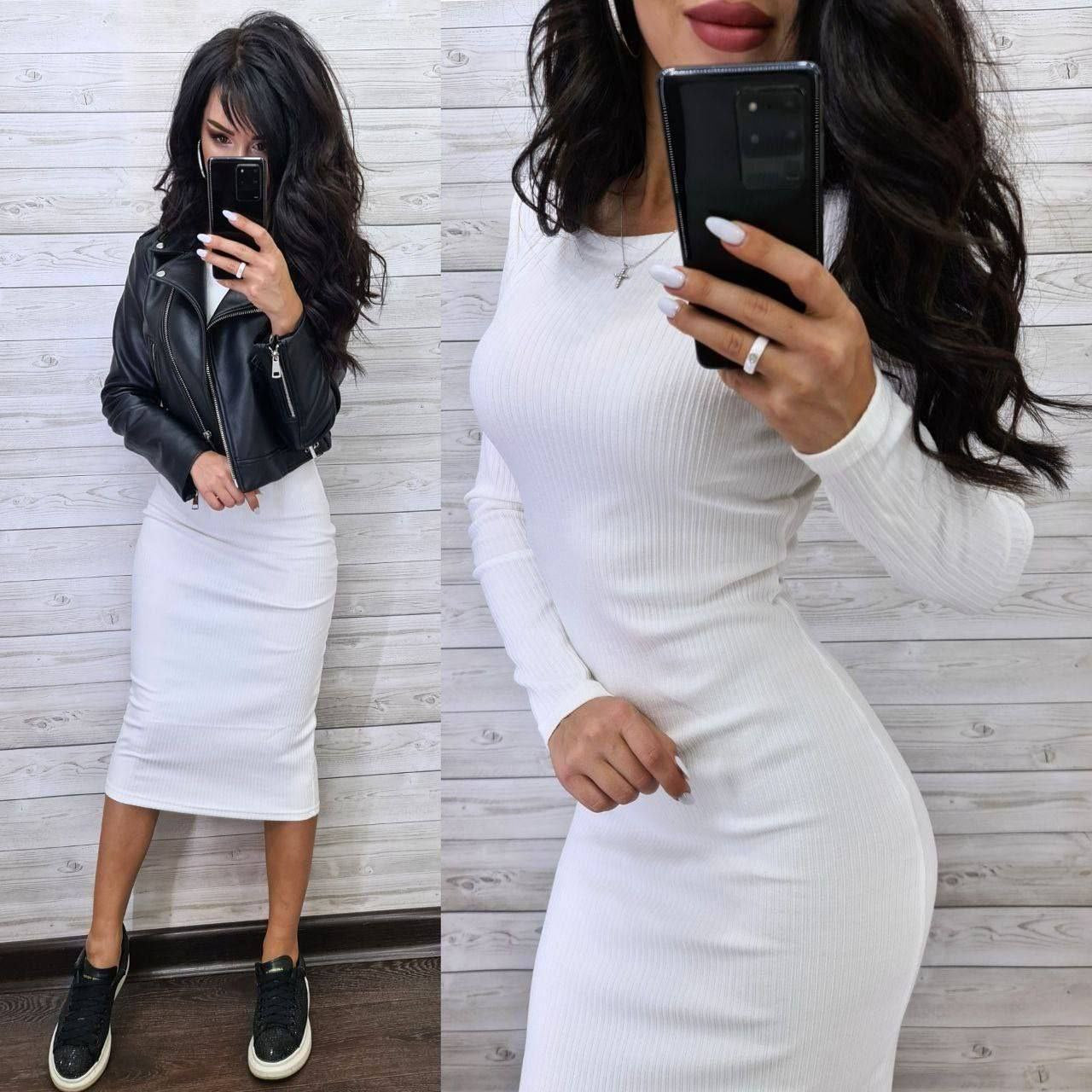 Two images of a person wearing a black leather jacket and white dress against a wooden panel background.