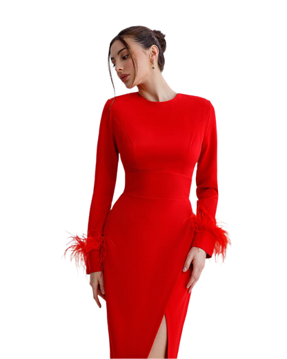 Red dress with feathered cuffs on a white background