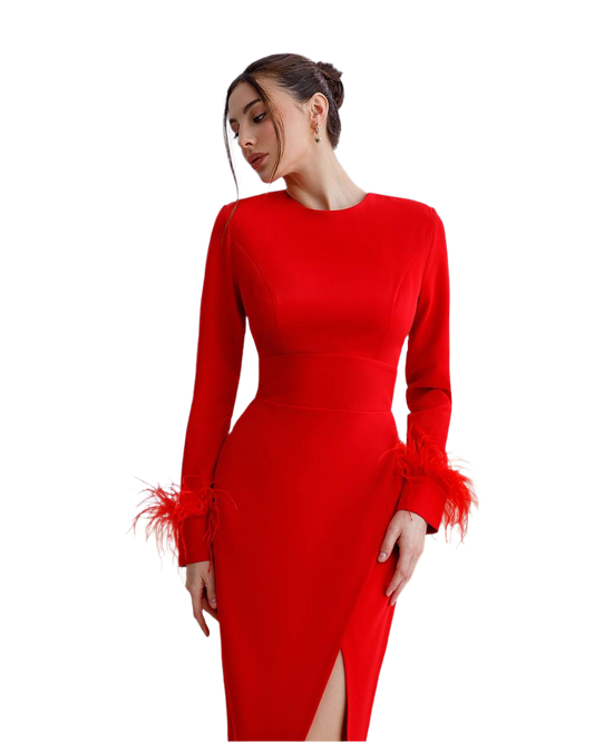 Red dress with feathered cuffs on a white background