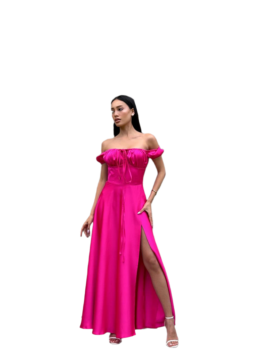 Lux Satin Off Shoulder Maxi Dress with Side Slit for Women