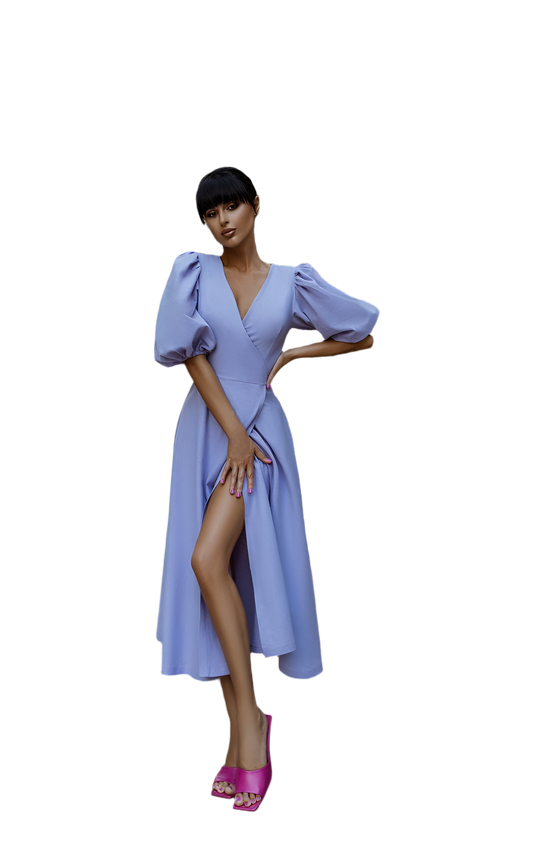 Linen Puff Sleeve Sundress V Neck Lavender Midi Dress