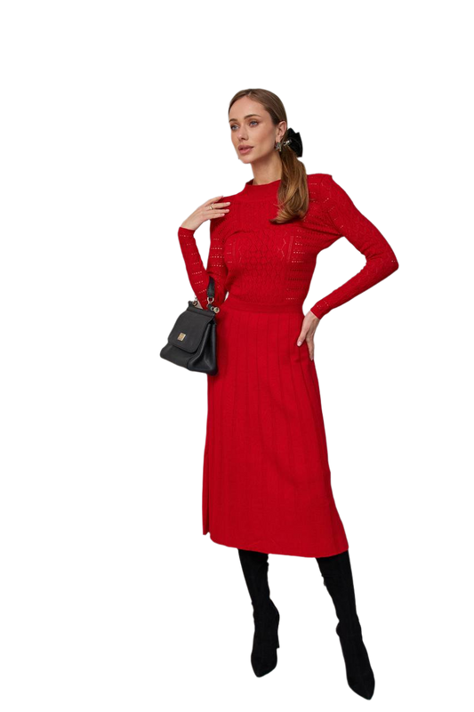 Classic Red Daily Dress for Women with Openwork Pattern