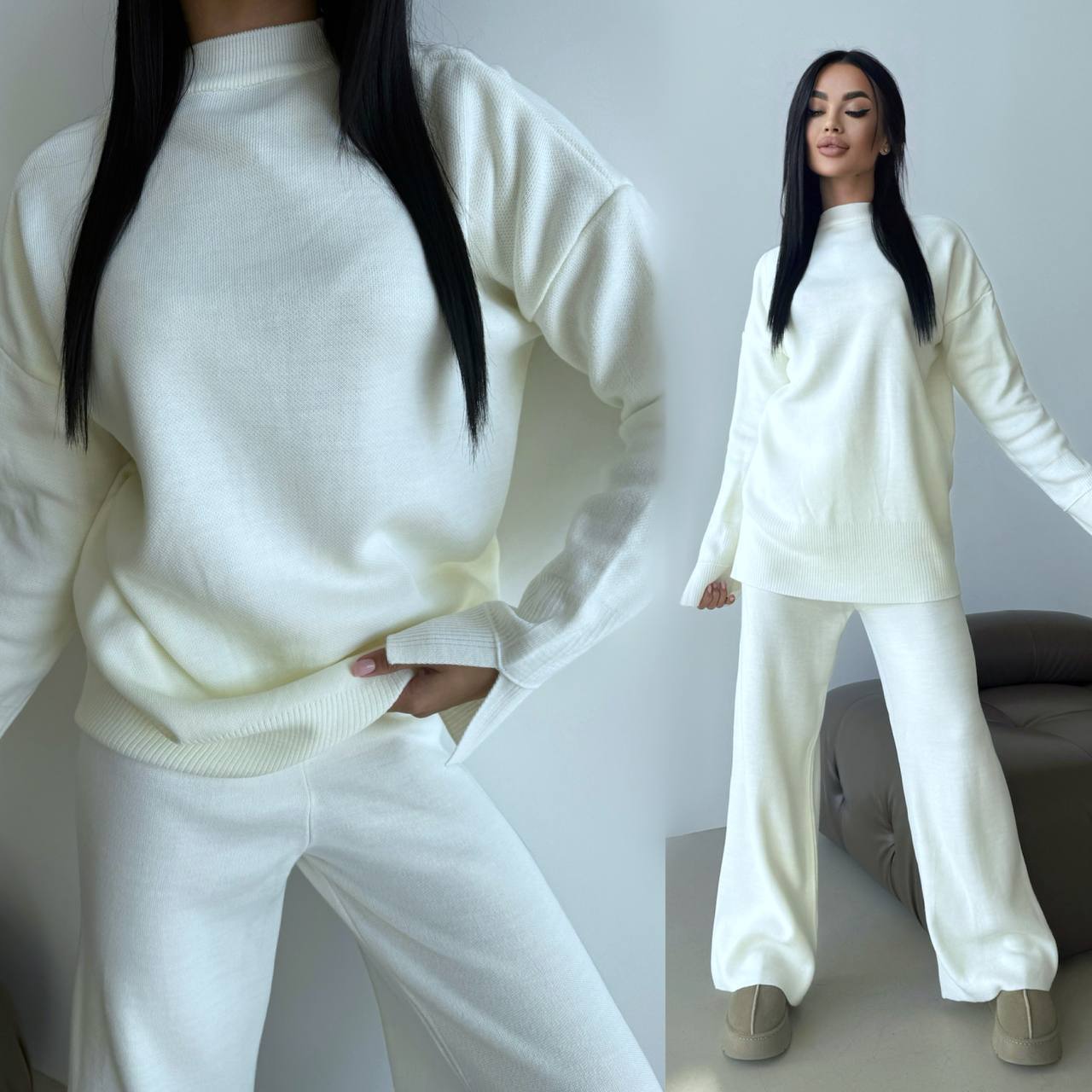 Woman wearing a white outfit with a plain background