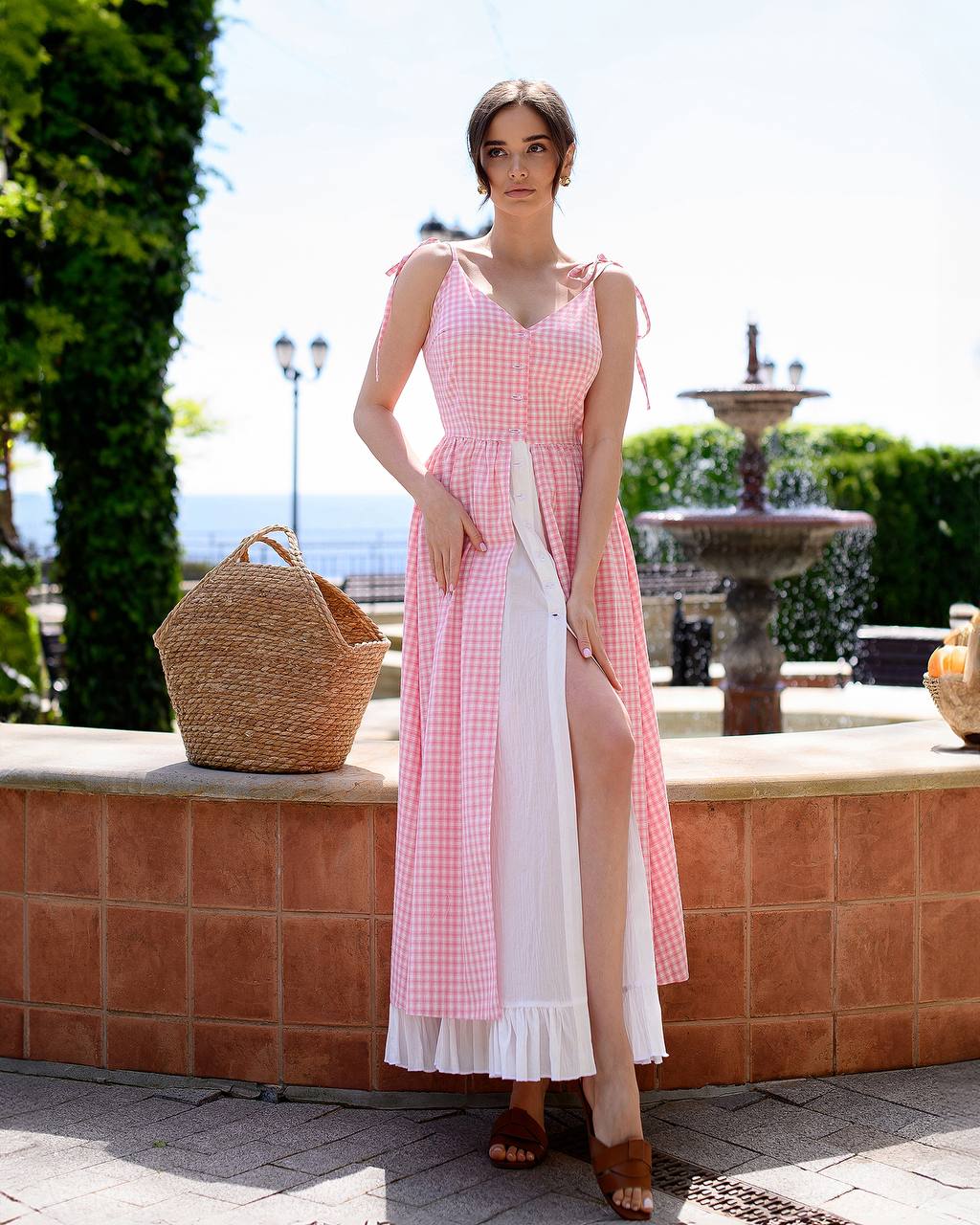 Pink Checked Cotton Sundress with Crinkled Batiste Lining for Women