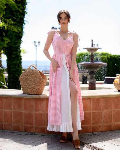 Pink Checked Cotton Sundress with Crinkled Batiste Lining for Women