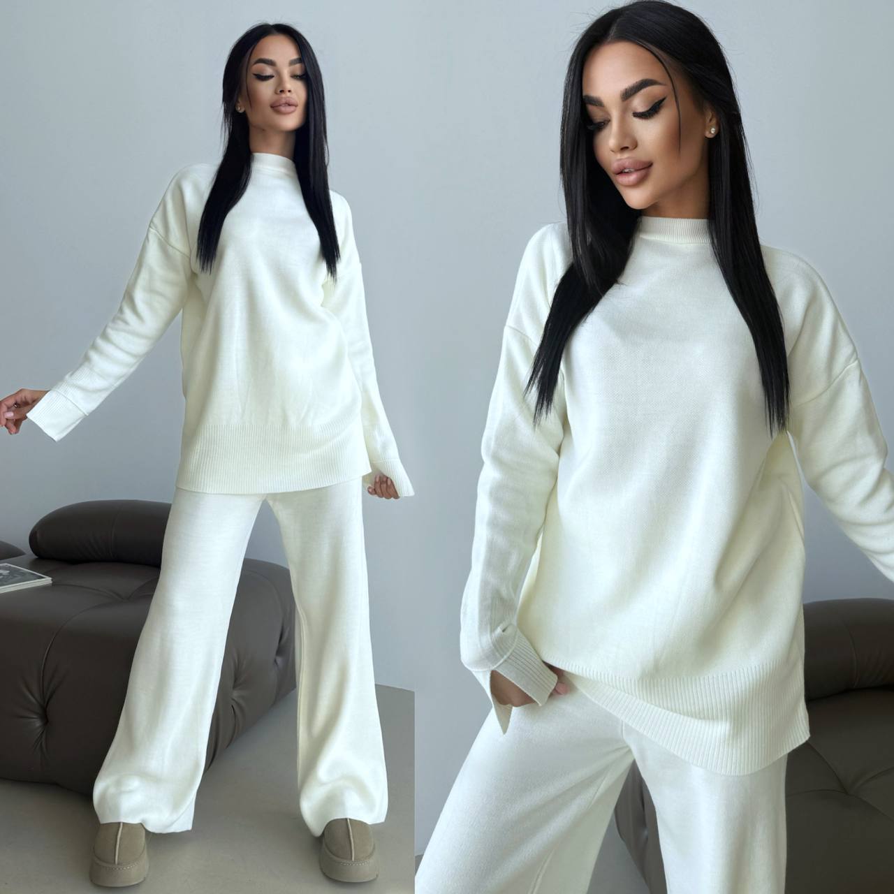 Woman wearing a white outfit in a room with a gray couch.