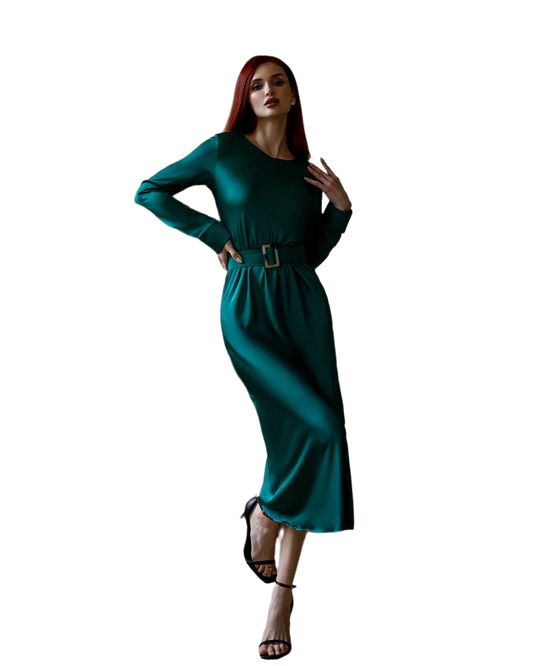 Elegant Silk Dress with Belt and Long Sleeves for Special Occasions