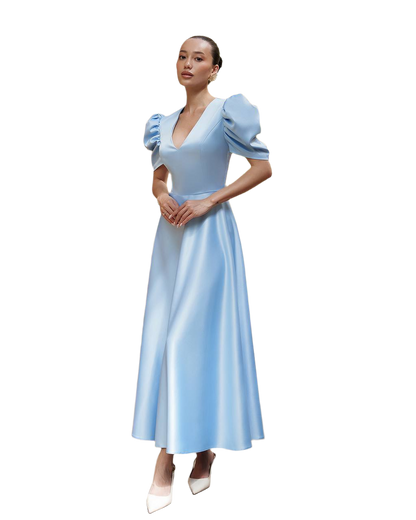 Elegant Premium Satin Puff Sleeve Midi Dress in Blue