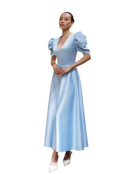 Elegant Premium Satin Puff Sleeve Midi Dress in Blue
