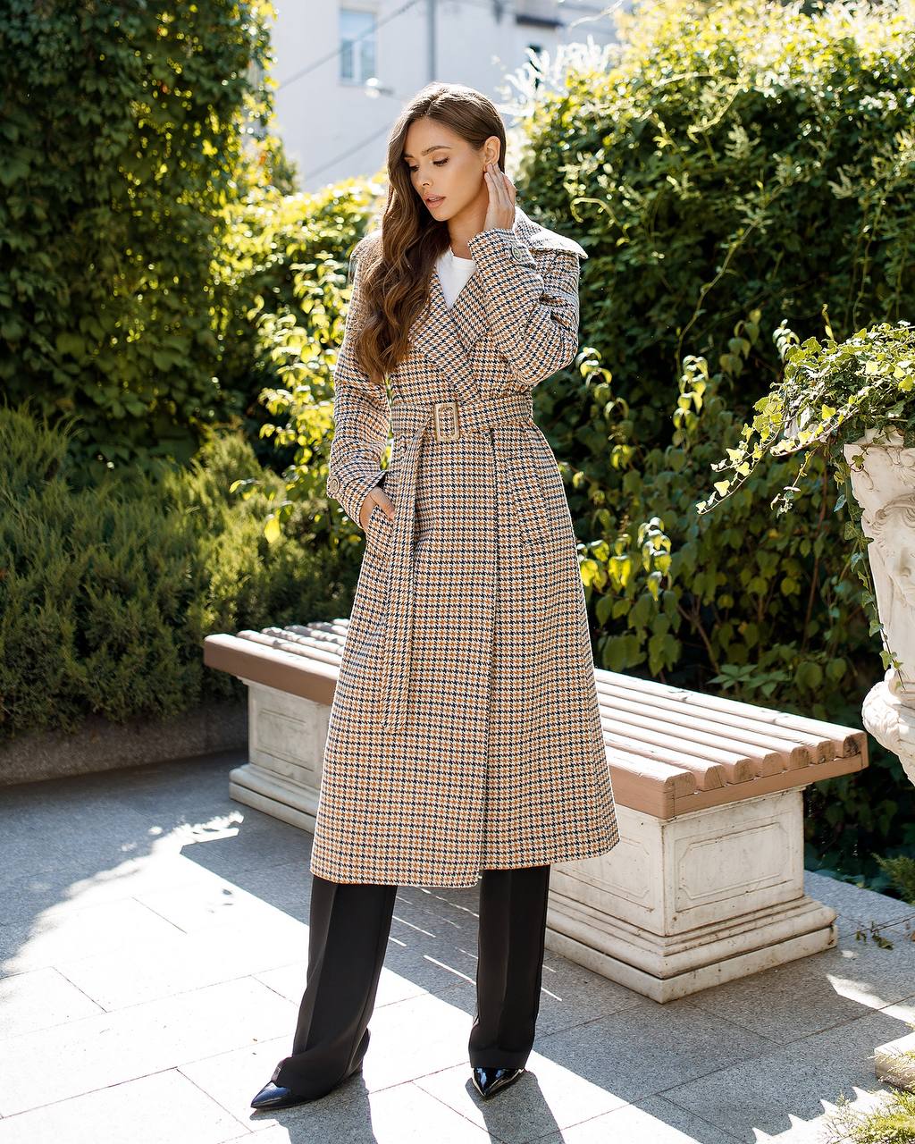 Womens Turkish Fabric Houndstooth Pattern Long Coat with Belt