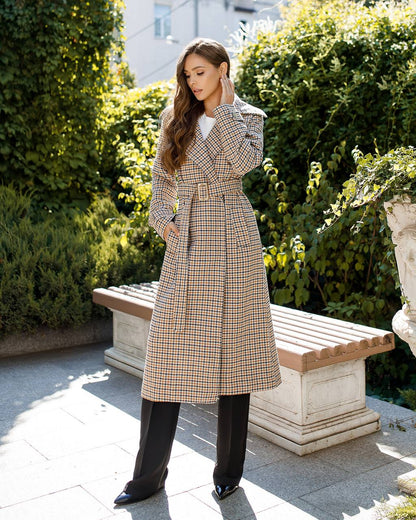 Womens Turkish Fabric Houndstooth Pattern Long Coat with Belt